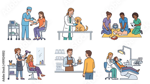 Vibrant Flat Design Medical Healthcare Professionals Treating Patients in Various Scenes Including Dental Care and Veterinary Medicine with Diverse Group of Doctors and Nurses