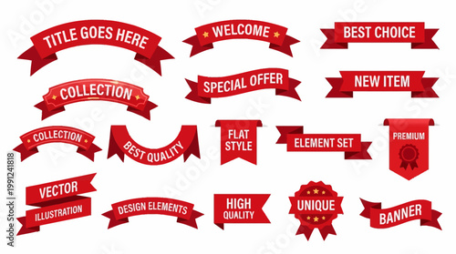 Collection of various red ribbons and banners with white text in different shapes and styles for special offers, promotions, and announcements on a white background, vector graphics