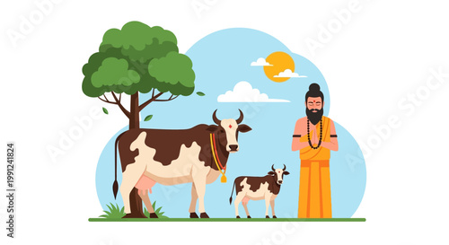 Hindu saint standing with a sacred cow and calf under a green tree in a rural landscape.