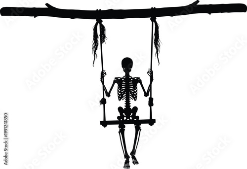 Skeleton silhouette sitting on swing, eerie dark figure, spooky Halloween concept, death and decay art, surreal gothic illustration, haunting design