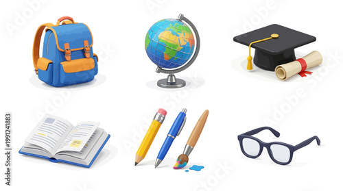 Vibrant flat design educational elements including backpack, globe, graduation cap, open book, colorful pencils, and glasses on clean white background for learning and academic success