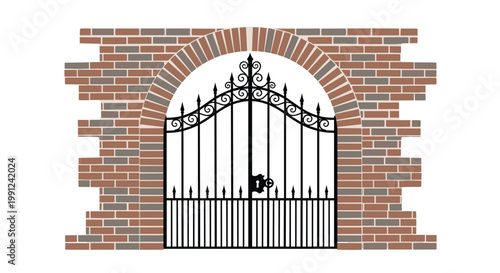 An elegant black wrought iron gate featuring intricate scrollwork and pointed finials is perfectly centered within a rustic multi-toned brick archway on white.