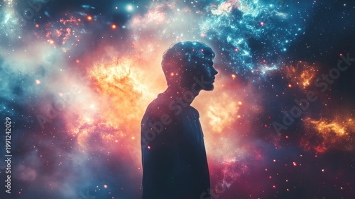Cosmic nebula fills head of person's silhouette
