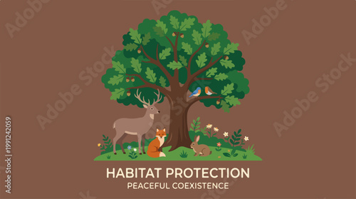 Deer standing under a tree peacefully.