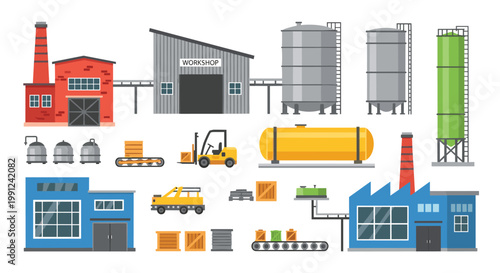 A comprehensive collection of flat vector industrial elements featuring red brick factories, grey workshops, yellow storage tanks, and active conveyor systems.