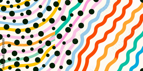 Abstract pattern featuring colorful waves and scattered dark spots