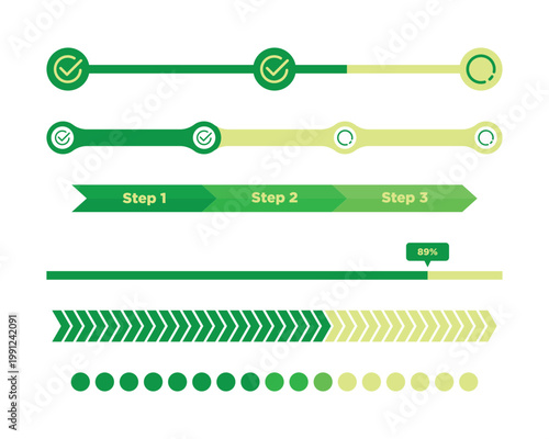 Collection of modern green progress bars, timeline steppers, and loading indicators including checkmarks, chevrons, and dots for web and app user interfaces