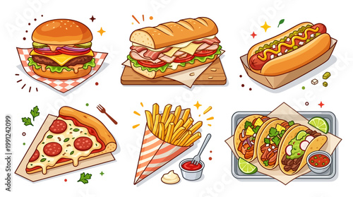 Colorful cartoon fast food assortment including burgers, sandwiches, hot dog, pizza slice, fries, and tacos, served with condiments in a playful and appetizing artistic style.