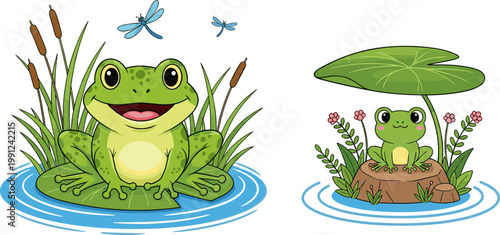 Cute Frog in Pond Illustration Set Featuring Lily Pad, Reeds, Water Ripples, and Dragonflies for Nature, Wildlife, and Kids Cartoon Design