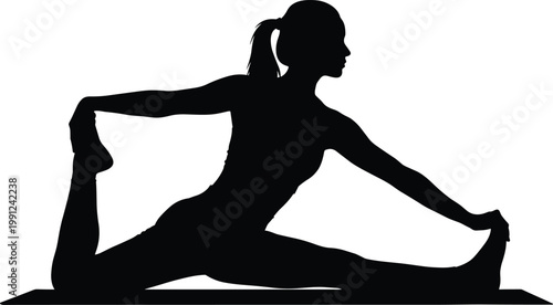 Flat vector illustration, yoga silhouette seated stretch, fitness flexibility pose, athletic balance exercise, black white artwork, wellness body control design