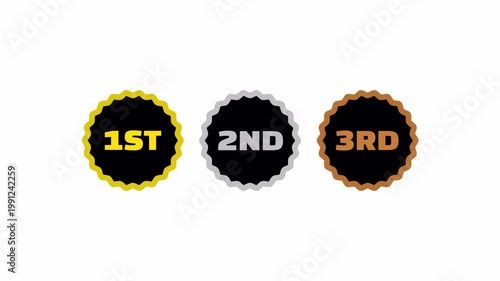 Ranking badge animation with first second third labels. Competition result display on white background, 1st 2nd 3rd.