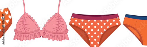 Women underwear set with bra and panties cute patterns and modern lingerie fashion illustration isolated on white background