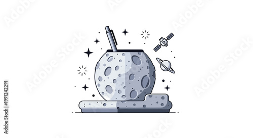 A creative moon shaped pen holder with detailed craters is surrounded by twinkling stars a ringed planet and a satellite in a cosmic space background.