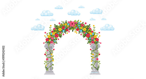 A classic stone archway is beautifully decorated with colorful flowers and green vines under a soft blue sky filled with fluffy white cartoon clouds.