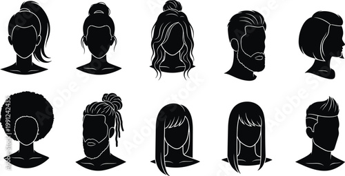 Flat vector illustration, hairstyle silhouettes, ponytail bun curly straight braids short haircuts facial hair icons, fashion design artwork