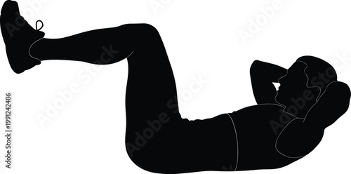 Flat vector illustration, fitness silhouette crunch exercise, abdominal workout pose, core strength training, athletic body motion, black white artwork design