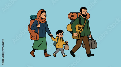 Family walking with travel luggage together.