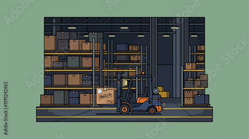 Forklift Operator in Warehouse Loading Boxes.