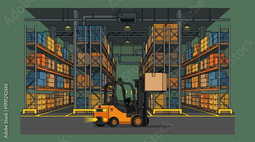 Forklift Operating in Warehouse Environment.