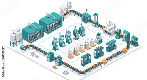 Complex isometric factory floor features a network of conveyor belts transporting colorful bottles through automated machines in a bright modern facility.