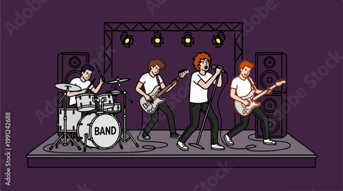 Four musicians performing on stage together.