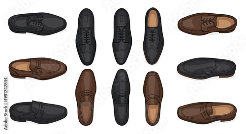 A diverse collection of twelve elegant men's formal dress shoes in various shades of black and brown is meticulously arranged in three vertical columns.