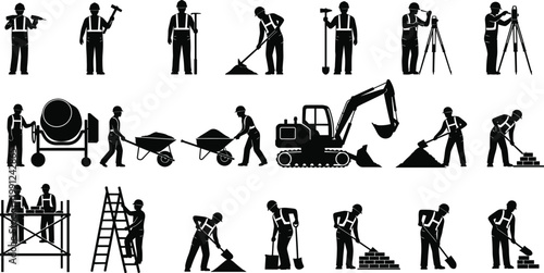 Vector Silhouette Set of Construction Workers with Excavator Scaffolding and Tools for Building Site Development Industry Engineering and Manual Labor