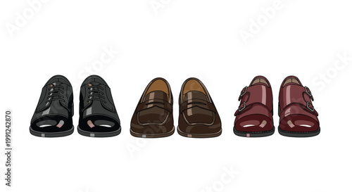 Three pairs of polished men's dress shoes in black, brown, and burgundy colors are shown from a direct front perspective against a white background.