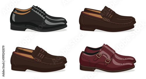 Four pairs of elegant men's dress shoes including black oxfords, brown leather loafers, and burgundy monk straps are presented from a side profile view.