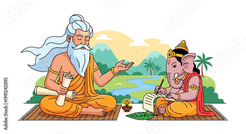 Sage Vyasa Dictating the Mahabharata Epic to Lord Ganesha Illustration.
