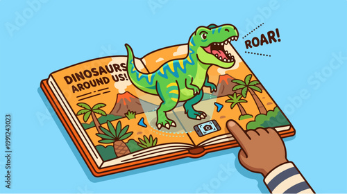 Green dinosaur toy on book.