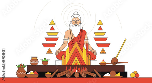 Illustration of a Hindu Sage Performing a Sacred Havan Fire Ritual with Offerings.