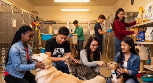 Diverse Young Volunteers Caring for Dogs and Cats at Animal Shelter