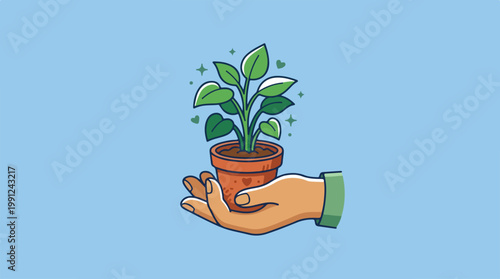 Hand holding small green potted plant.