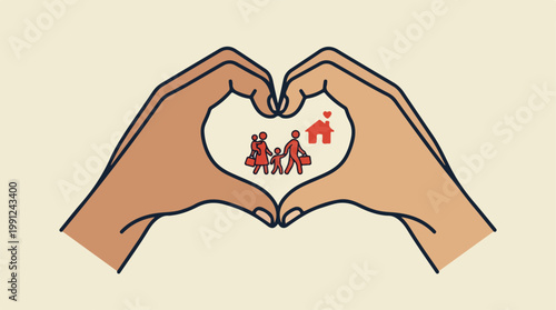 Hands forming heart around family.
