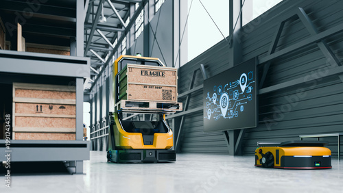 Automated guided vehicle carrying cargo pallet in modern smart warehouse logistics- 3D rendering