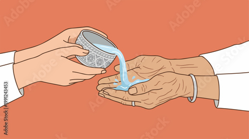 Hands pouring water on palm.