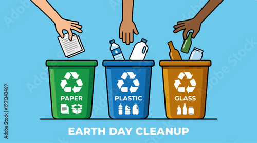 Hands putting trash into recycling bins.