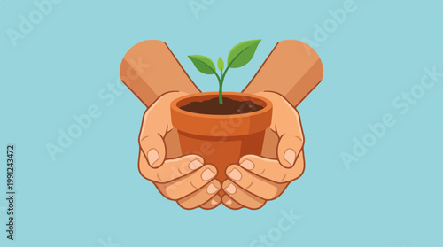 Hands holding small green plant pot.