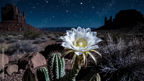 A large white cactus flower blooms under a starry desert night sky.