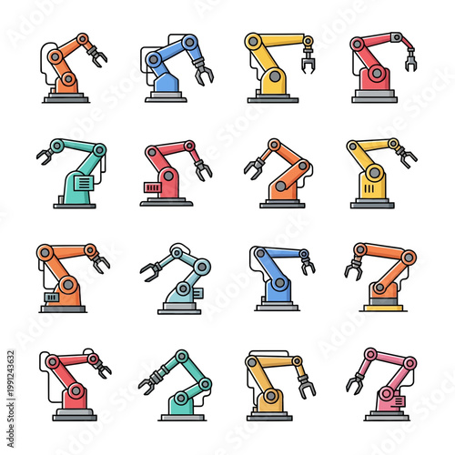 Set of 16 Colorful Industrial Robotic Arm Icons for Automation, Manufacturing, and Industry 4.0 Concepts