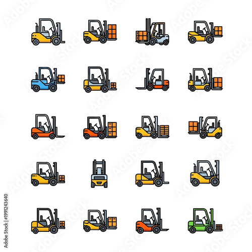 Set of colorful forklift icons for logistics, warehouse management, and transportation design elements on a white background.