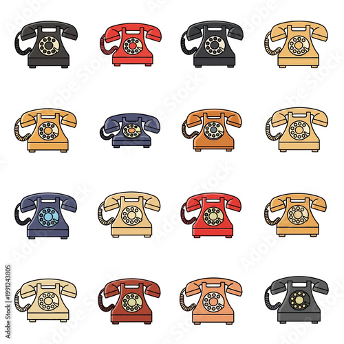 Vintage Rotary Dial Telephone Icons Set in Multiple Colors, Classic Antique Communication Device Illustrations on White Background