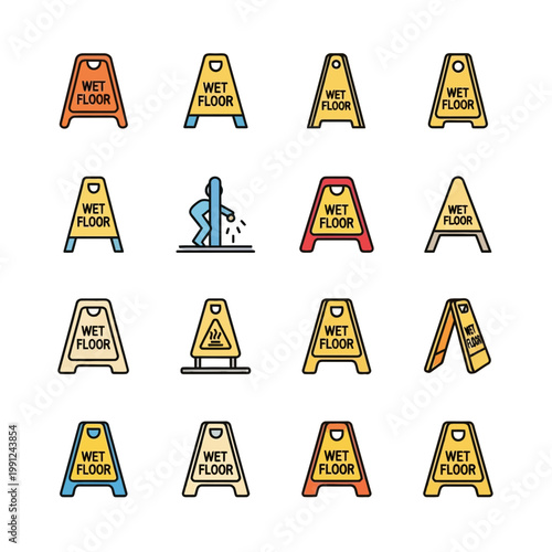 Vector Collection of Yellow Wet Floor Caution Signs and Janitorial Safety Icons Isolated on White Background