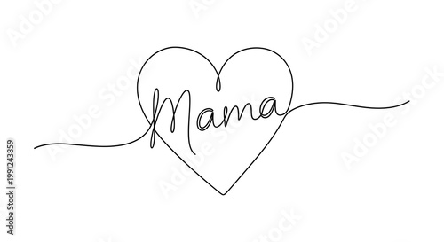 Simple black and white line of a heart with the word mama inside line heart shape handwritten text