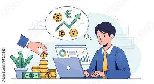 Businessman working on laptop with money.