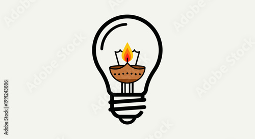 Minimalist illustration of a light bulb containing a traditional burning oil lamp diya.