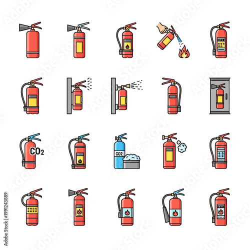 Fire extinguisher icon set featuring various safety equipment types, usage scenarios, and emergency fire prevention tools in flat style.