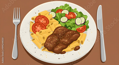 Culinary Delight: A delectable plate showcases a mouthwatering culinary arrangement. The image features perfectly cooked pasta, complemented by savory meat and a refreshing garden salad.