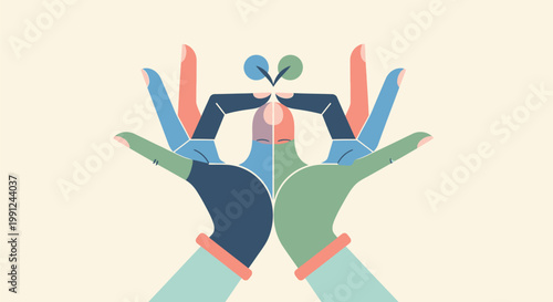 Stylized Illustration of Multiple Colorful Hands Cradling a Growing Seedling.